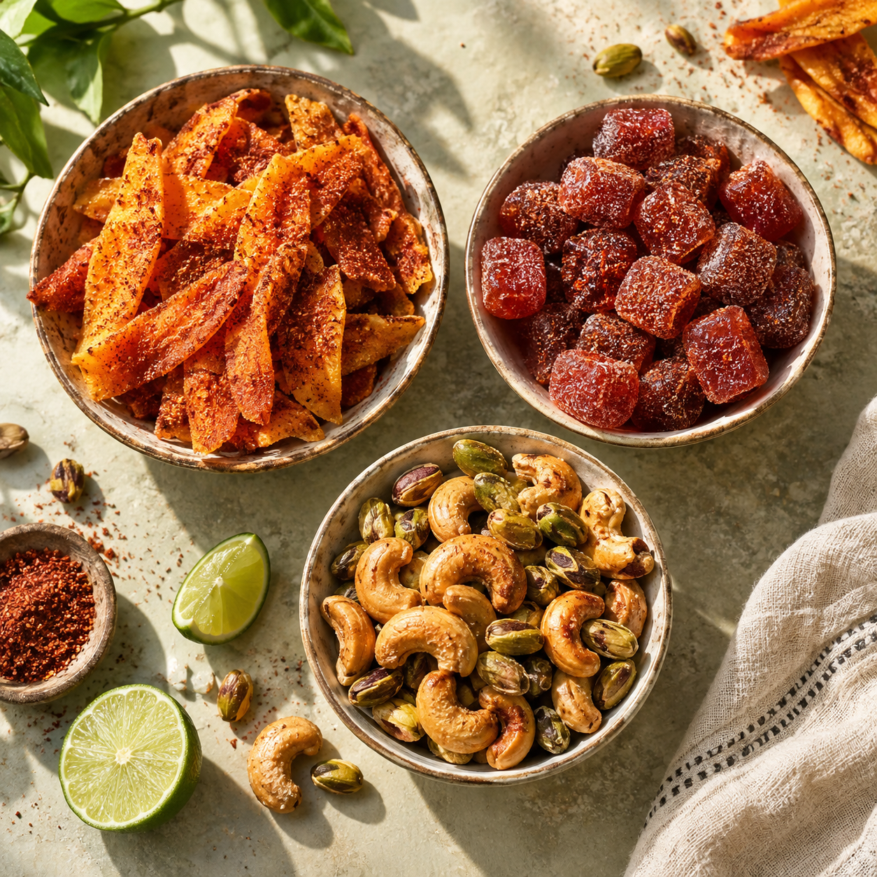 Una mesa con dulces, mangos enchilados y botanas artesanales mexicanas